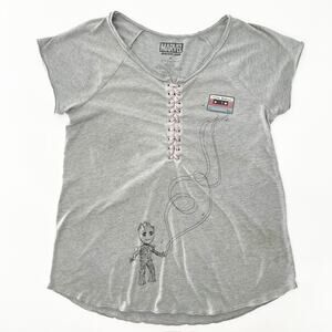 Marvel Women's Gray I Am‎ Groot Guardians of the Galaxy Lace Up T Shirt Top Sz M